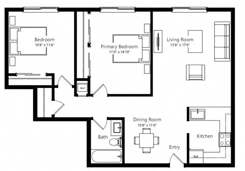 Floor plan for 2 beds, 1 bath, 913 sqft